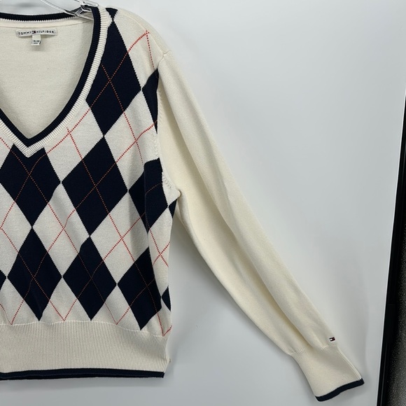 Tommy Hilfiger Cream,Navy&Orange Diamond V-Neck Sweater Sz XL - Picture 4 of 9